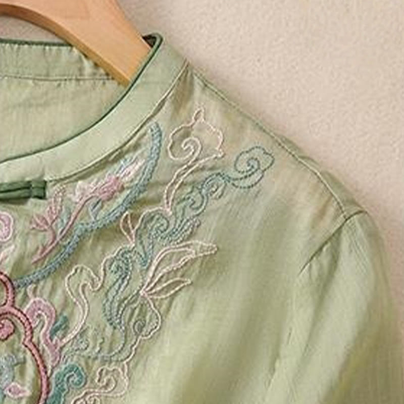 Buddha Stonesカジュアル レトロ 刺繍 カエルボタンデザイン レディース コットンリネン 半袖シャツ - image 4