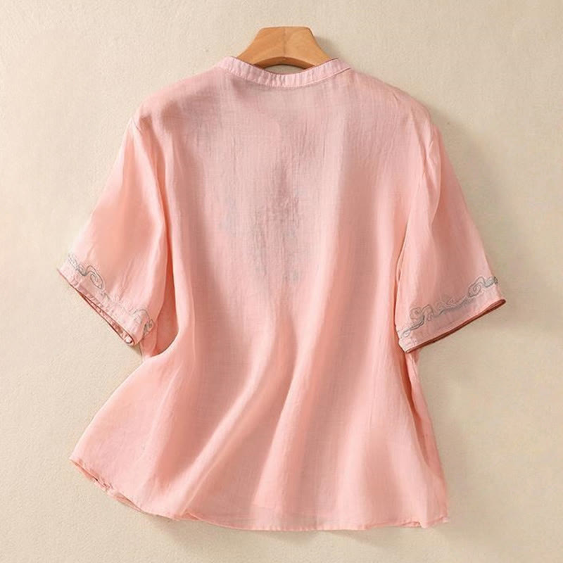 Buddha Stonesカジュアル レトロ 刺繍 カエルボタンデザイン レディース コットンリネン 半袖シャツ - image 6