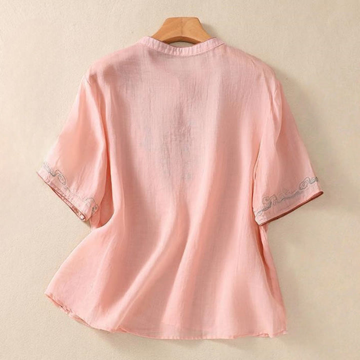 Buddha Stonesカジュアル レトロ 刺繍 カエルボタンデザイン レディース コットンリネン 半袖シャツ - image 6