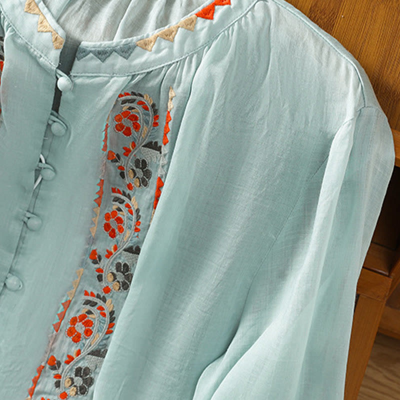 Buddha Stonesヴィンテージ刺繍 シングルロウ マルチボタン プラケットデザイン レディース コットンリネン ロング ランタンスリーブ シャツ - image 14