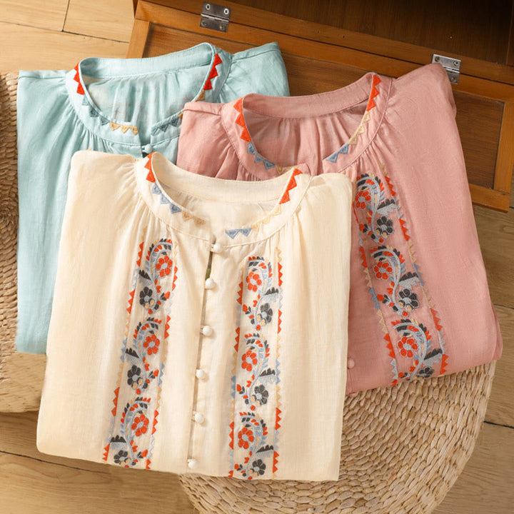 Buddha Stonesヴィンテージ刺繍 シングルロウ マルチボタン プラケットデザイン レディース コットンリネン ロング ランタンスリーブ シャツ - image 16