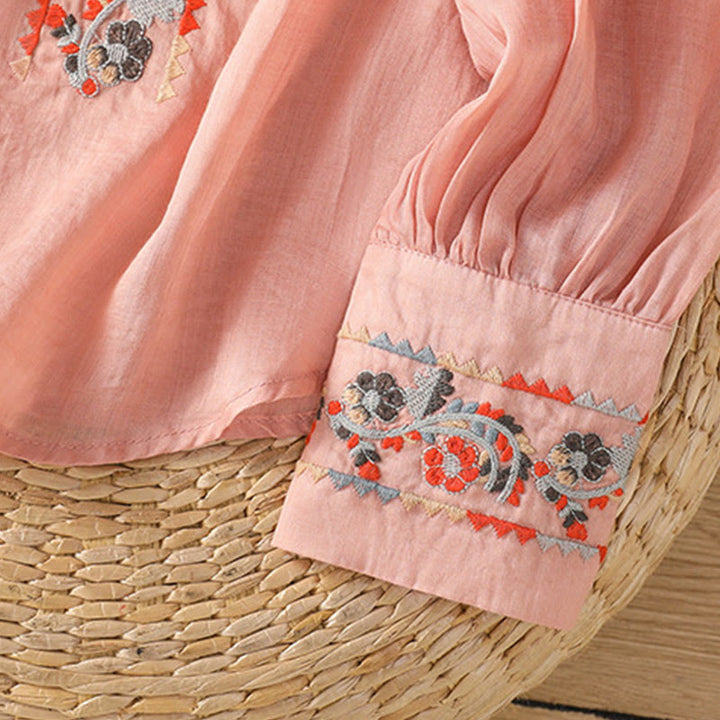 Buddha Stonesヴィンテージ刺繍 シングルロウ マルチボタン プラケットデザイン レディース コットンリネン ロング ランタンスリーブ シャツ - image 7