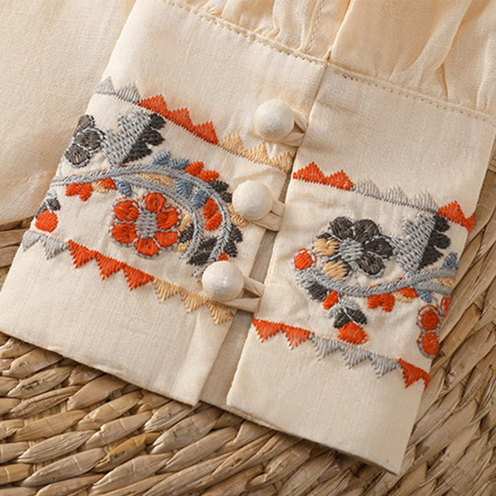 Buddha Stonesヴィンテージ刺繍 シングルロウ マルチボタン プラケットデザイン レディース コットンリネン ロング ランタンスリーブ シャツ - image 4