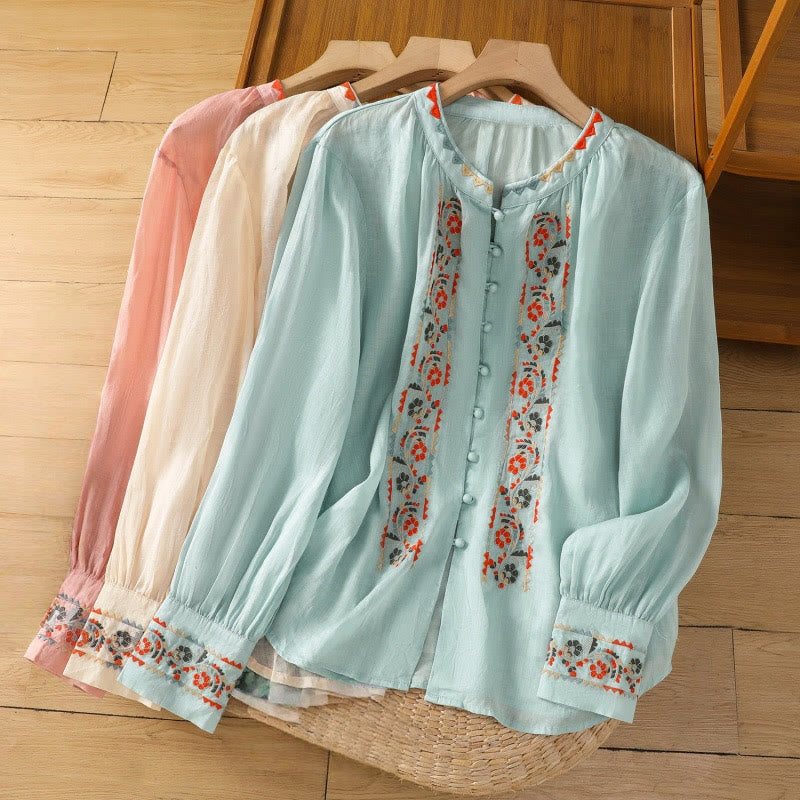 Buddha Stonesヴィンテージ刺繍 シングルロウ マルチボタン プラケットデザイン レディース コットンリネン ロング ランタンスリーブ シャツ - image 15