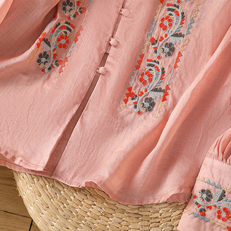 Buddha Stonesヴィンテージ刺繍 シングルロウ マルチボタン プラケットデザイン レディース コットンリネン ロング ランタンスリーブ シャツ - image 9