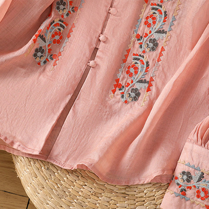 Buddha Stonesヴィンテージ刺繍 シングルロウ マルチボタン プラケットデザイン レディース コットンリネン ロング ランタンスリーブ シャツ - image 9