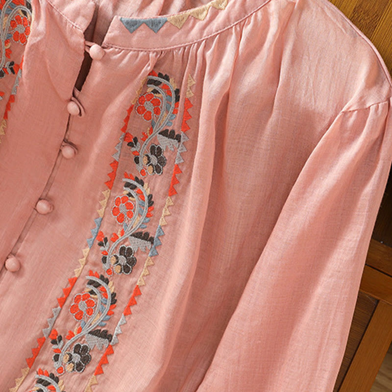 Buddha Stonesヴィンテージ刺繍 シングルロウ マルチボタン プラケットデザイン レディース コットンリネン ロング ランタンスリーブ シャツ - image 8