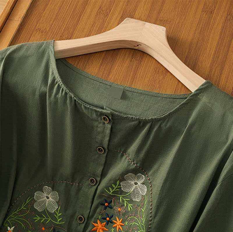 Buddha Stonesヴィンテージアシンメトリー刺繍花植物柄レディースコットンリネン半袖ジャケットシャツ - image 2