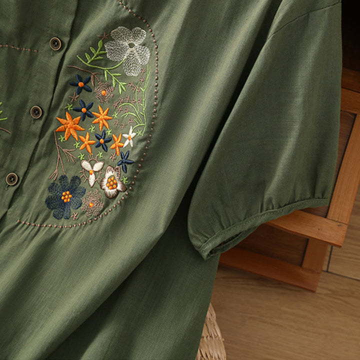 Buddha Stonesヴィンテージアシンメトリー刺繍花植物柄レディースコットンリネン半袖ジャケットシャツ - image 6