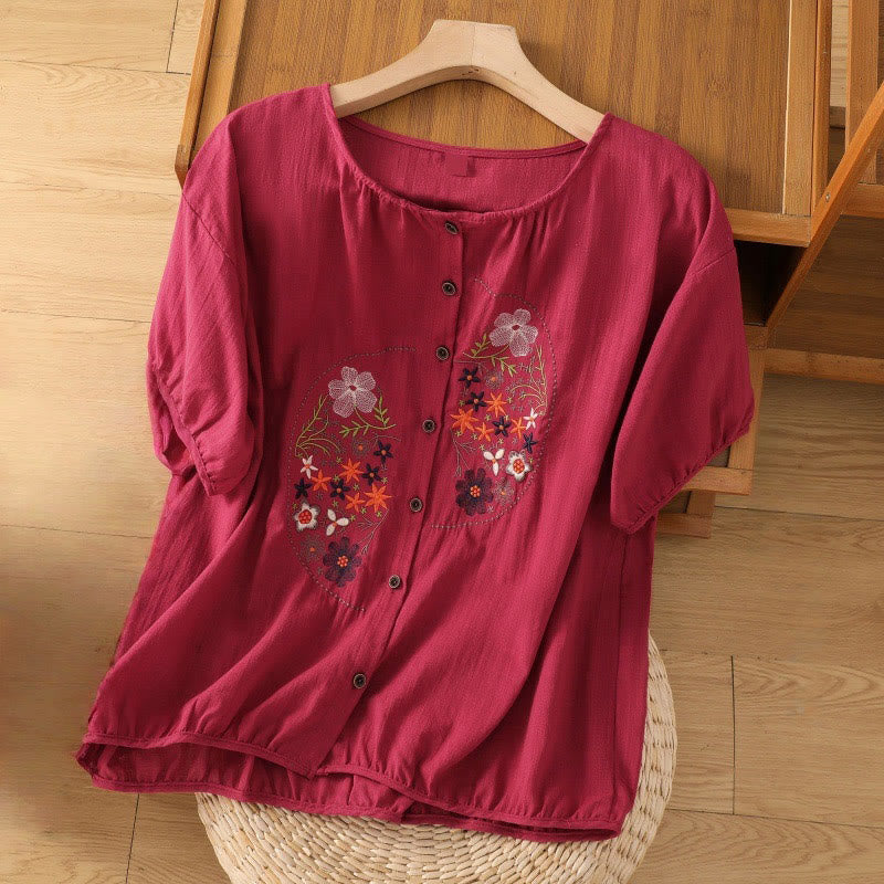 Buddha Stonesヴィンテージアシンメトリー刺繍花植物柄レディースコットンリネン半袖ジャケットシャツ - クリムゾン - US14、 UK/AU18、 EU46 (2XL) - image 7