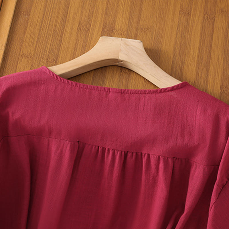 Buddha Stonesヴィンテージアシンメトリー刺繍花植物柄レディースコットンリネン半袖ジャケットシャツ - image 10