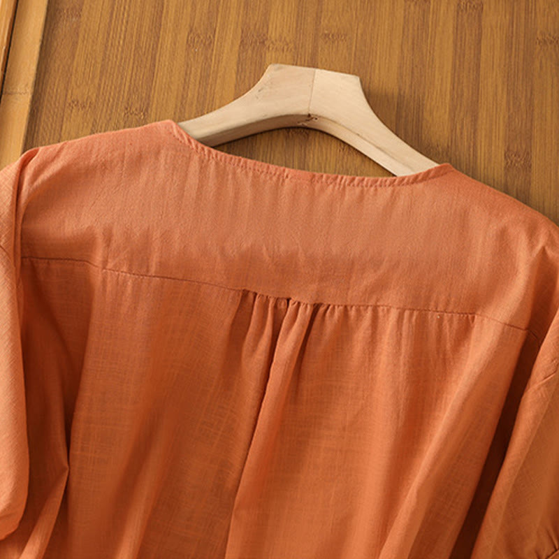 Buddha Stonesヴィンテージアシンメトリー刺繍花植物柄レディースコットンリネン半袖ジャケットシャツ - image 18