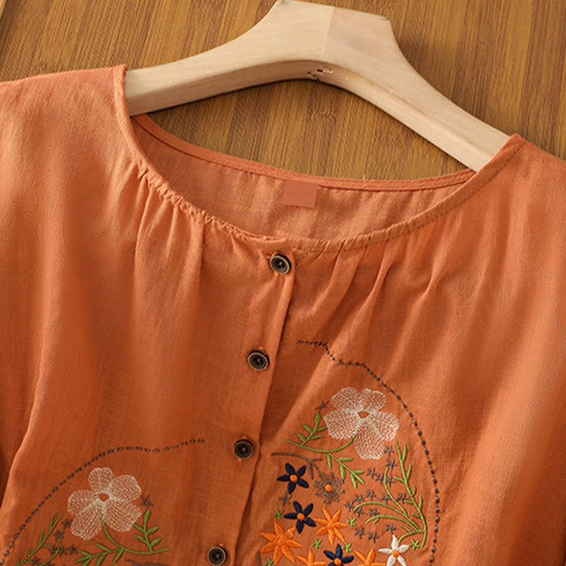 Buddha Stonesヴィンテージアシンメトリー刺繍花植物柄レディースコットンリネン半袖ジャケットシャツ - image 17