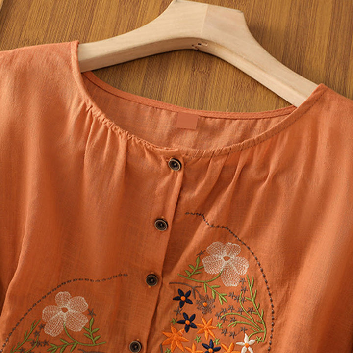 Buddha Stonesヴィンテージアシンメトリー刺繍花植物柄レディースコットンリネン半袖ジャケットシャツ - image 17