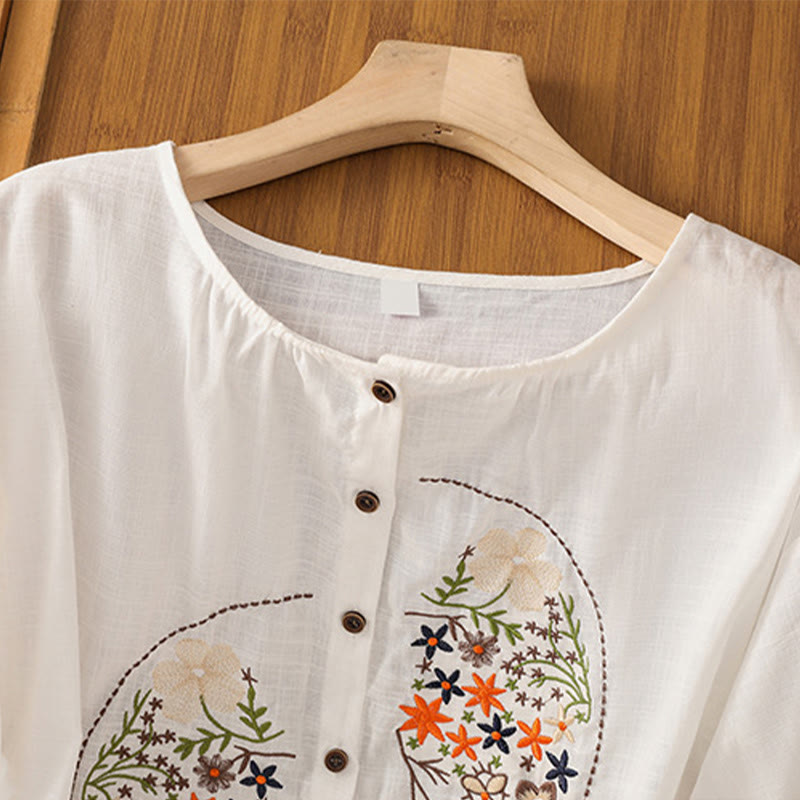 Buddha Stonesヴィンテージアシンメトリー刺繍花植物柄レディースコットンリネン半袖ジャケットシャツ - image 24