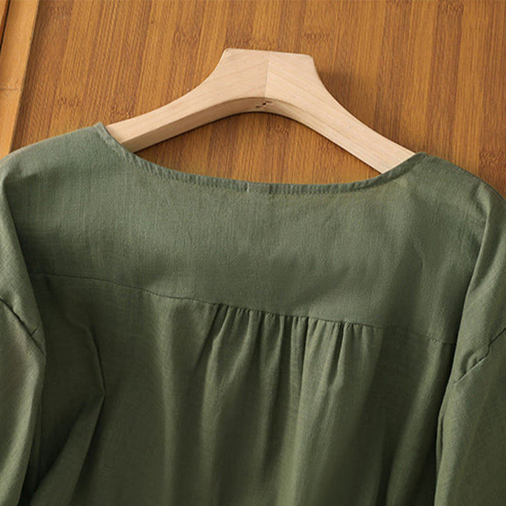 Buddha Stonesヴィンテージアシンメトリー刺繍花植物柄レディースコットンリネン半袖ジャケットシャツ - image 3