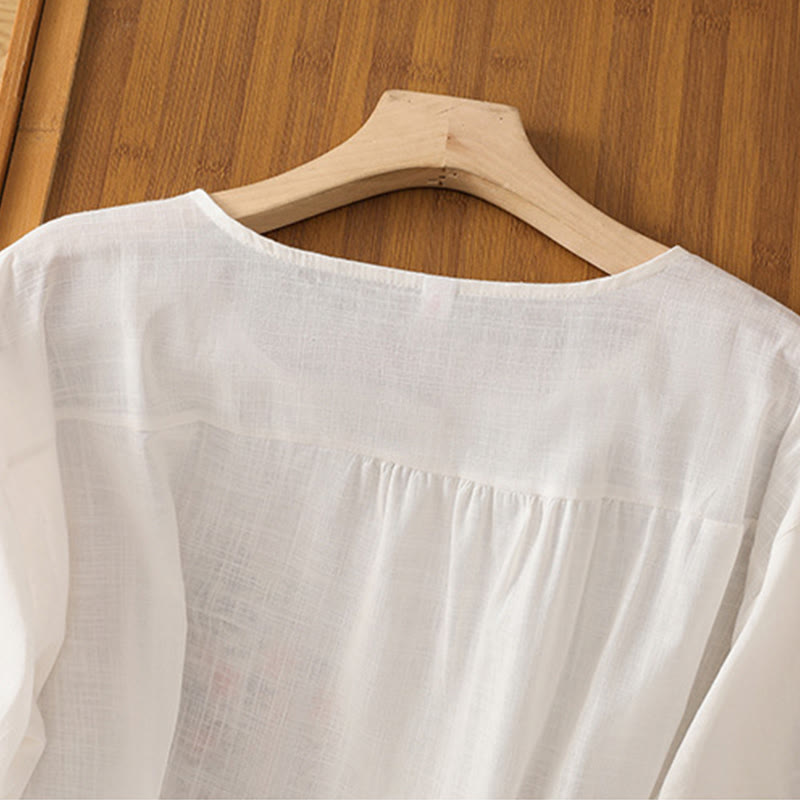 Buddha Stonesヴィンテージアシンメトリー刺繍花植物柄レディースコットンリネン半袖ジャケットシャツ - image 25