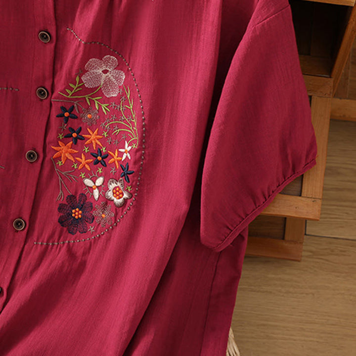 Buddha Stonesヴィンテージアシンメトリー刺繍花植物柄レディースコットンリネン半袖ジャケットシャツ - image 12