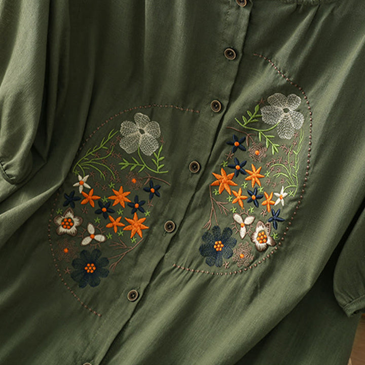 Buddha Stonesヴィンテージアシンメトリー刺繍花植物柄レディースコットンリネン半袖ジャケットシャツ - image 4