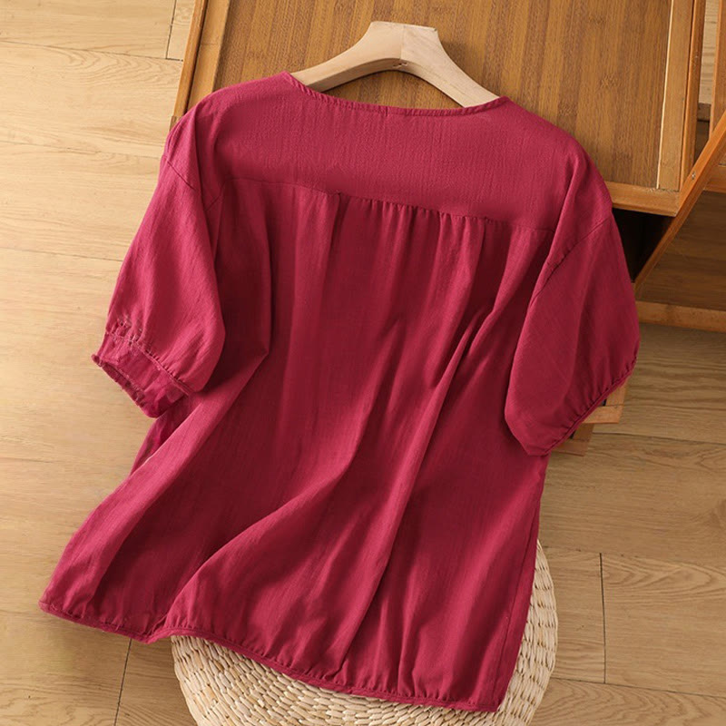 Buddha Stonesヴィンテージアシンメトリー刺繍花植物柄レディースコットンリネン半袖ジャケットシャツ - image 8