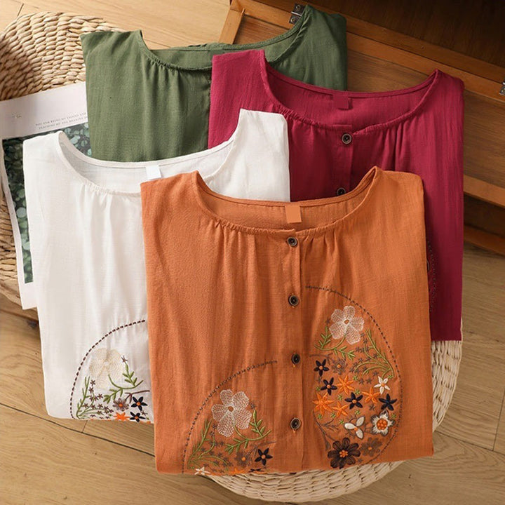 Buddha Stonesヴィンテージアシンメトリー刺繍花植物柄レディースコットンリネン半袖ジャケットシャツ - image 30