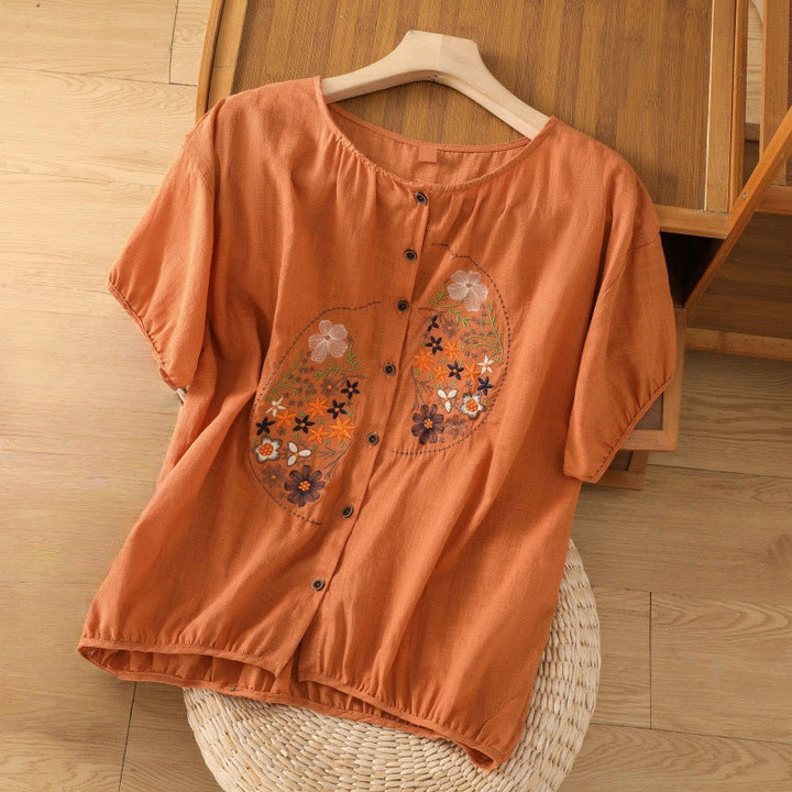 Buddha Stonesヴィンテージアシンメトリー刺繍花植物柄レディースコットンリネン半袖ジャケットシャツ - ダークオレンジ - US14、 UK/AU18、 EU46 (2XL) - image 15