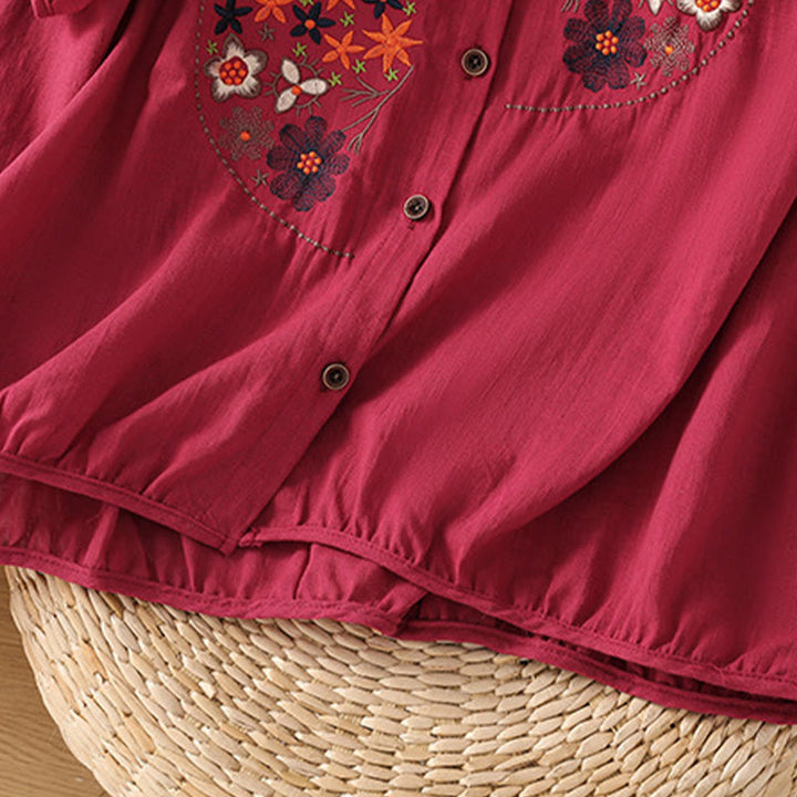 Buddha Stonesヴィンテージアシンメトリー刺繍花植物柄レディースコットンリネン半袖ジャケットシャツ - image 13