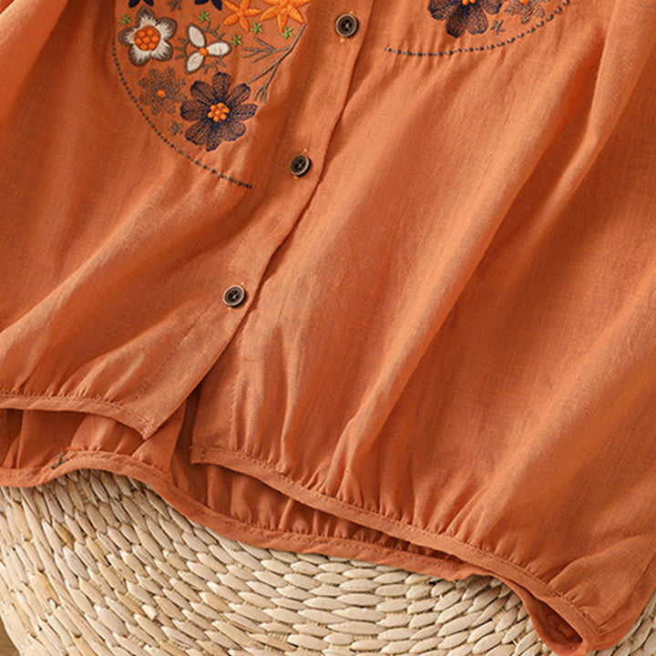 Buddha Stonesヴィンテージアシンメトリー刺繍花植物柄レディースコットンリネン半袖ジャケットシャツ - image 20