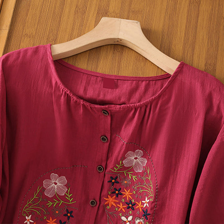 Buddha Stonesヴィンテージアシンメトリー刺繍花植物柄レディースコットンリネン半袖ジャケットシャツ - image 9