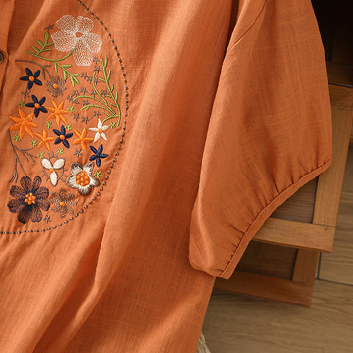 Buddha Stonesヴィンテージアシンメトリー刺繍花植物柄レディースコットンリネン半袖ジャケットシャツ - image 21