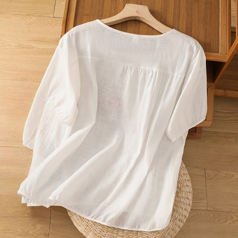 Buddha Stonesヴィンテージアシンメトリー刺繍花植物柄レディースコットンリネン半袖ジャケットシャツ - image 23