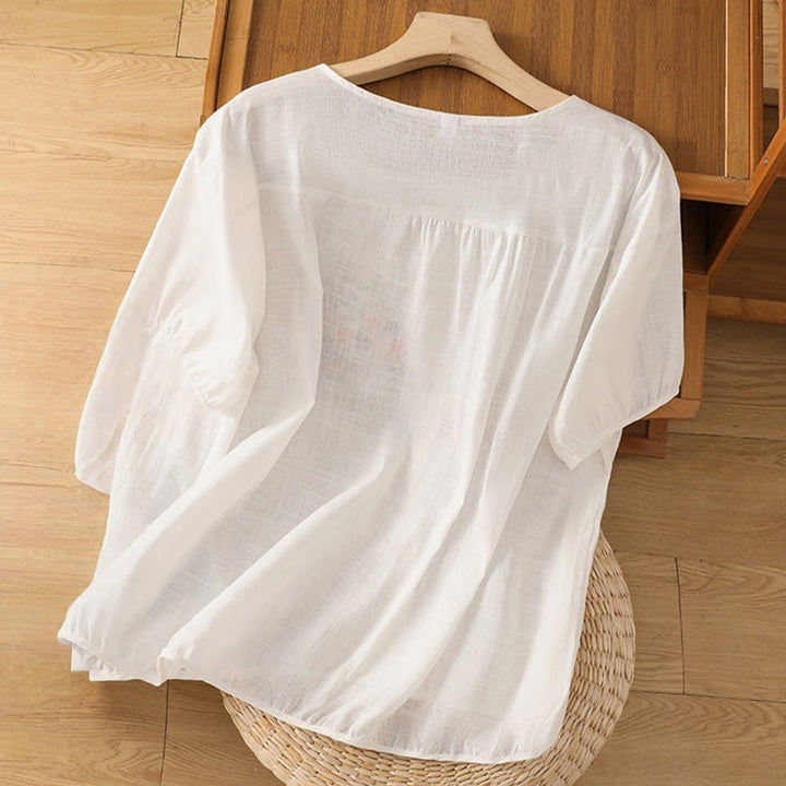 Buddha Stonesヴィンテージアシンメトリー刺繍花植物柄レディースコットンリネン半袖ジャケットシャツ - image 23