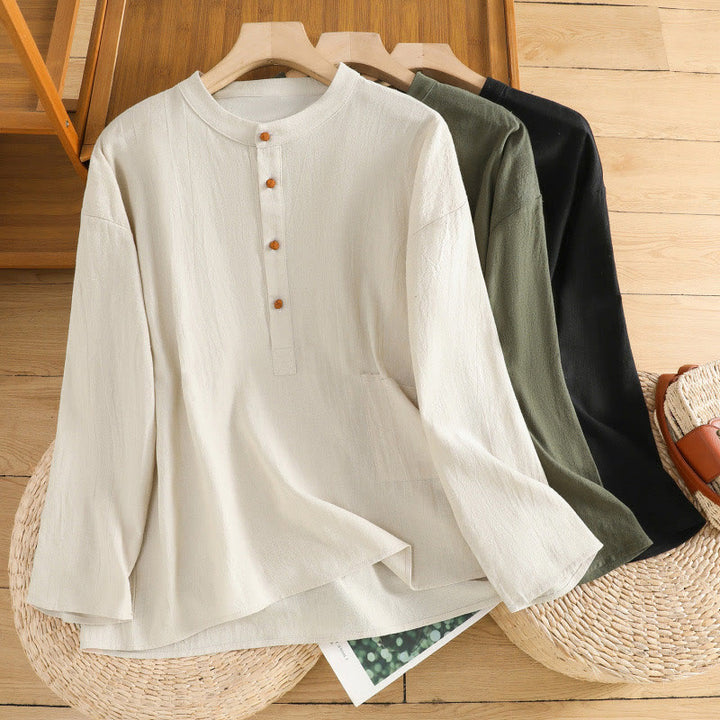 Buddha Stones夏 カジュアル 純色 ハーフボタン シンプルデザイン レディース コットンリネン 半袖シャツ ポケット付き - image 22
