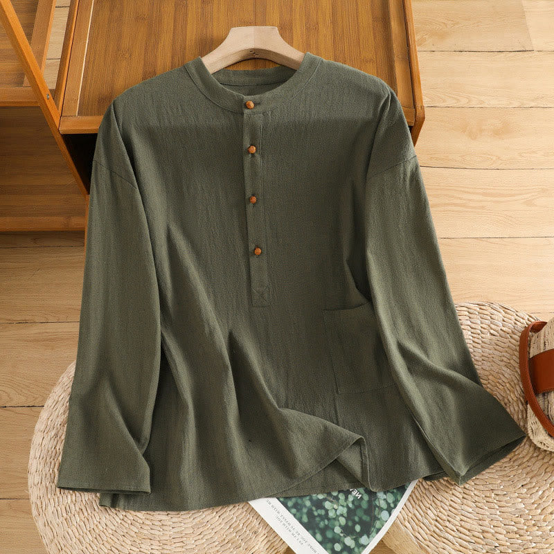 Buddha Stones夏 カジュアル 純色 ハーフボタン シンプルデザイン レディース コットンリネン 半袖シャツ ポケット付き - image 7