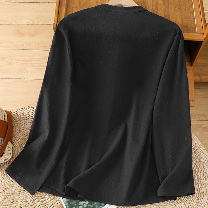 Buddha Stones夏 カジュアル 純色 ハーフボタン シンプルデザイン レディース コットンリネン 半袖シャツ ポケット付き - image 14