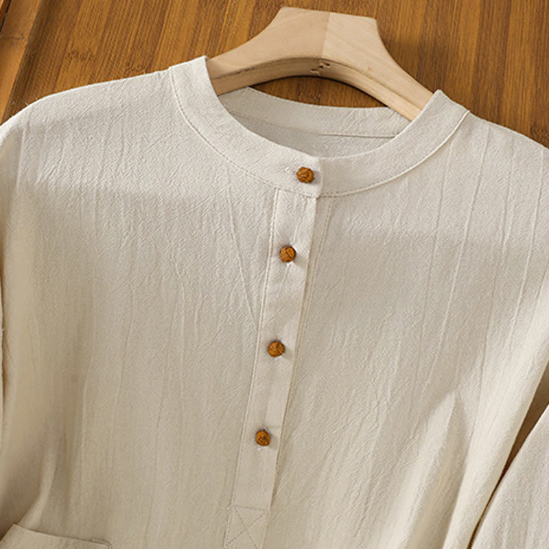 Buddha Stones夏 カジュアル 純色 ハーフボタン シンプルデザイン レディース コットンリネン 半袖シャツ ポケット付き - image 1