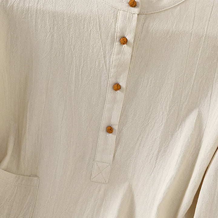Buddha Stones夏 カジュアル 純色 ハーフボタン シンプルデザイン レディース コットンリネン 半袖シャツ ポケット付き - image 3