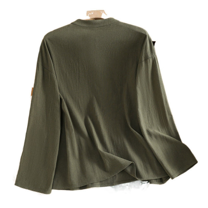 Buddha Stones夏 カジュアル 純色 ハーフボタン シンプルデザイン レディース コットンリネン 半袖シャツ ポケット付き - image 11