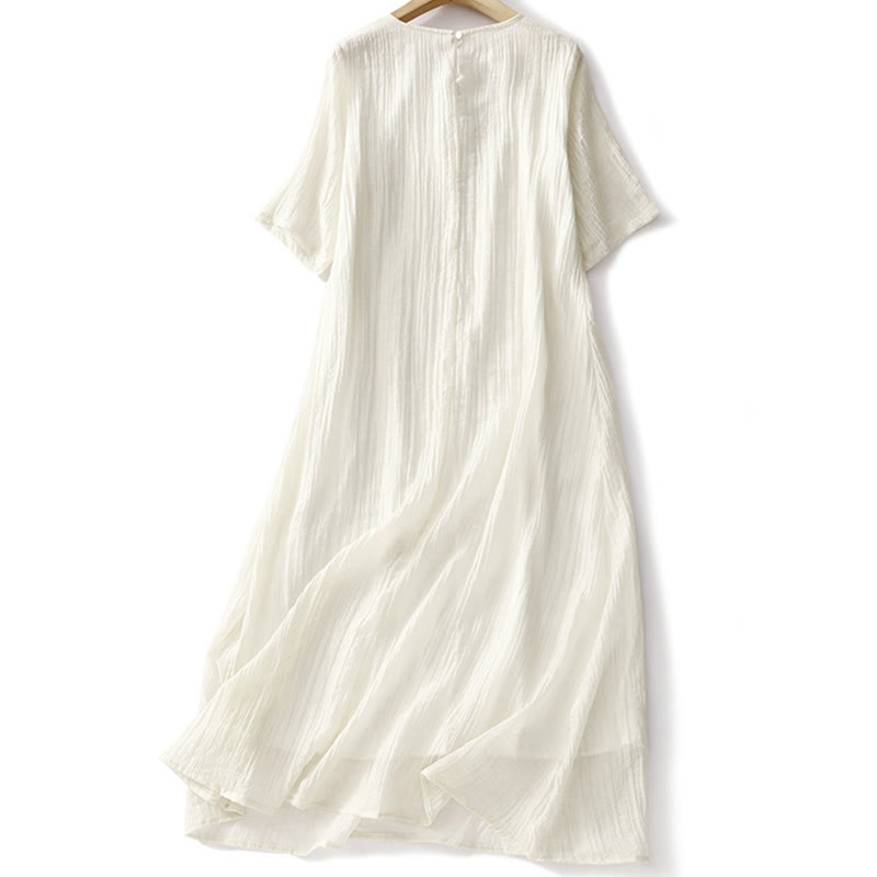 Buddha Stonesサマーカジュアル 無地刺繍 ダブルレイヤー 半袖 コットンリネン ミディドレス - image 10