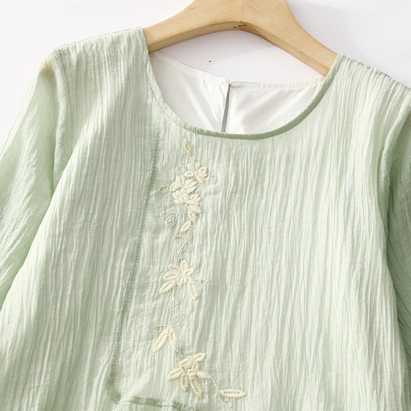 Buddha Stonesサマーカジュアル 無地刺繍 ダブルレイヤー 半袖 コットンリネン ミディドレス - image 1