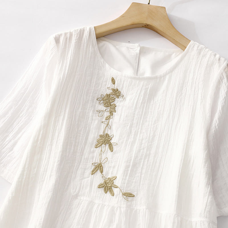 Buddha Stonesサマーカジュアル 無地刺繍 ダブルレイヤー 半袖 コットンリネン ミディドレス - image 22