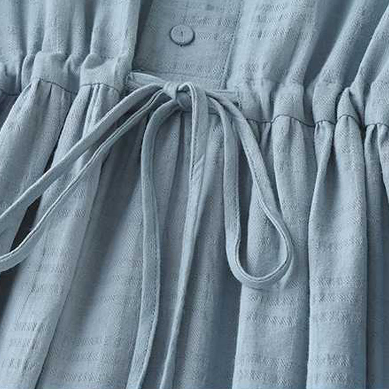 Buddha Stonesレトロ 無地 ドローストリング カエルボタンデザイン 長袖 コットンリネン ミディドレス ポケット付き - image 4