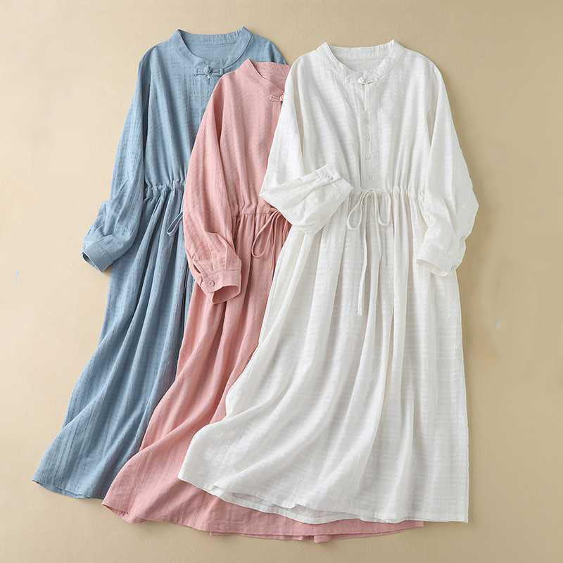 Buddha Stonesレトロ 無地 ドローストリング カエルボタンデザイン 長袖 コットンリネン ミディドレス ポケット付き - image 25