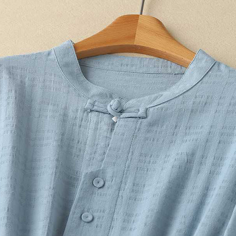 Buddha Stonesレトロ 無地 ドローストリング カエルボタンデザイン 長袖 コットンリネン ミディドレス ポケット付き - image 1