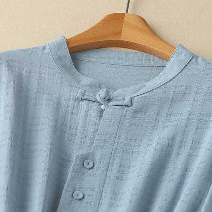 Buddha Stonesレトロ 無地 ドローストリング カエルボタンデザイン 長袖 コットンリネン ミディドレス ポケット付き - image 1