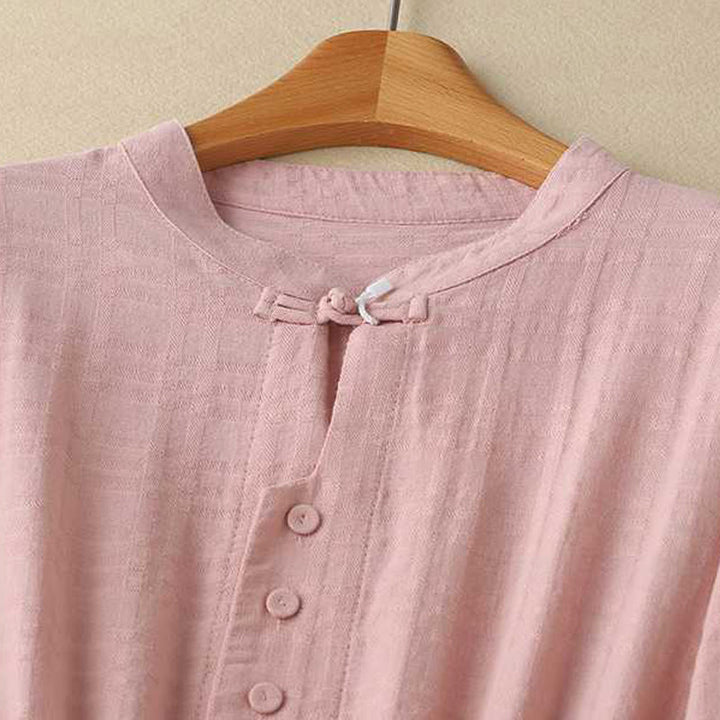 Buddha Stonesレトロ 無地 ドローストリング カエルボタンデザイン 長袖 コットンリネン ミディドレス ポケット付き - image 20