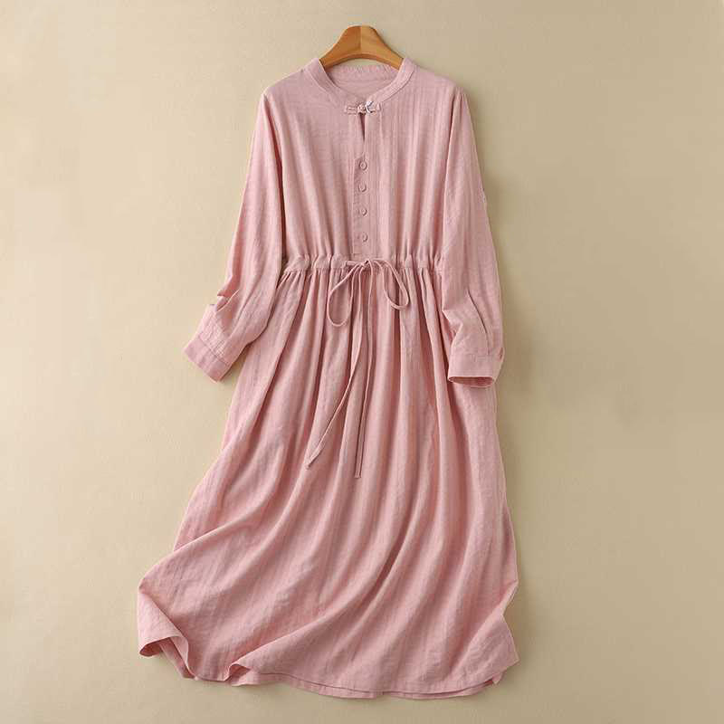 Buddha Stonesレトロ 無地 ドローストリング カエルボタンデザイン 長袖 コットンリネン ミディドレス ポケット付き - 鮭 - US8-10，UK/AU12-14，EU40-42 (2XL) - image 19