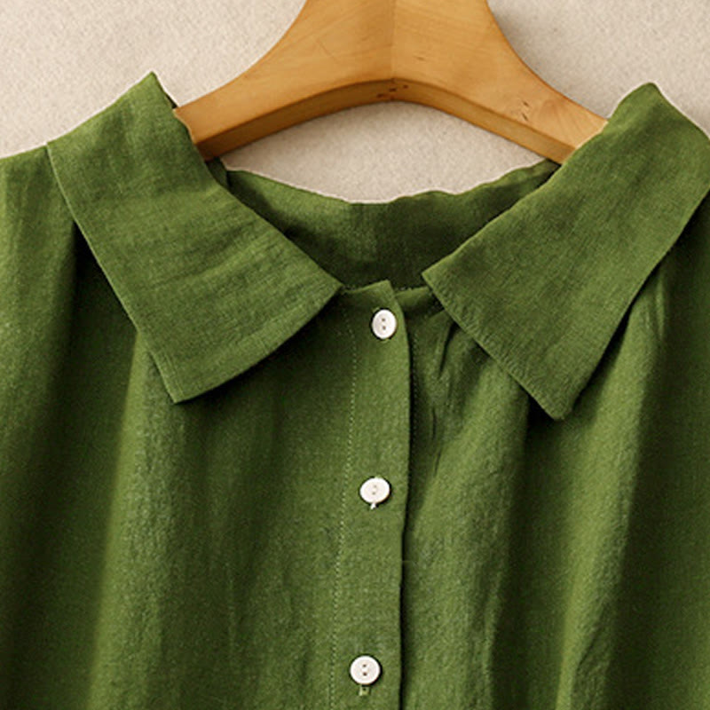 Buddha Stonesサマープレーンレースアップボタンフロントデザインラペルノースリーブコットンミディドレスカーディガン - image 9