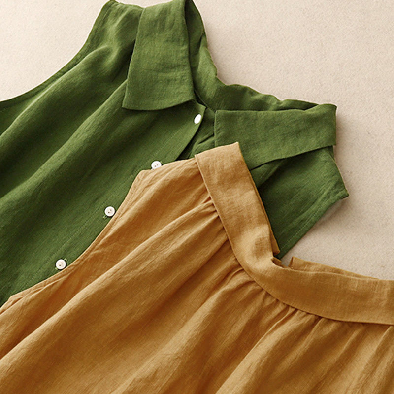 Buddha Stonesサマープレーンレースアップボタンフロントデザインラペルノースリーブコットンミディドレスカーディガン - image 15