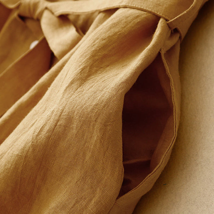 Buddha Stonesサマープレーンレースアップボタンフロントデザインラペルノースリーブコットンミディドレスカーディガン - image 4